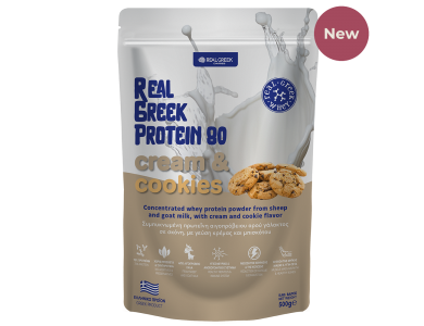 Real Greek Whey Protein 80 Cookies & Cream, Αιγοπρόβεια Πρωτεΐνη 72% Ορού Γάλακτος με Γεύση Cookies & Cream 500g